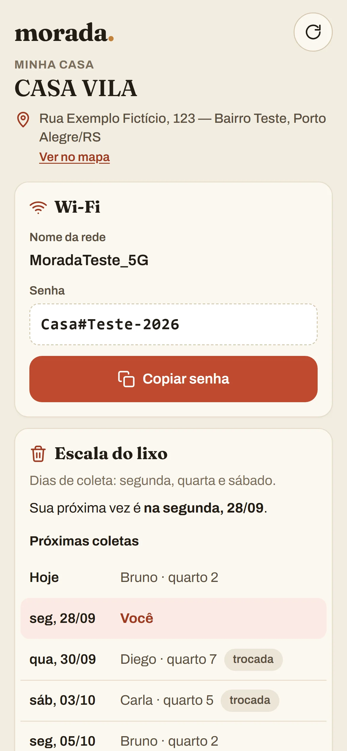 Tela Minha casa do app: endereço, senha do Wi-Fi com botão de copiar e a escala do lixo com a próxima vez do morador.