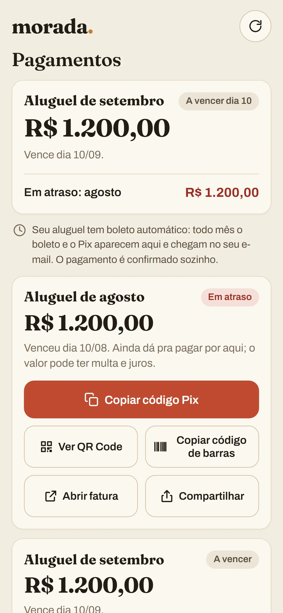Tela de pagamento do app: aluguel do mês e aluguel em atraso, com botões para copiar o Pix, ver o QR Code e copiar o código de barras.